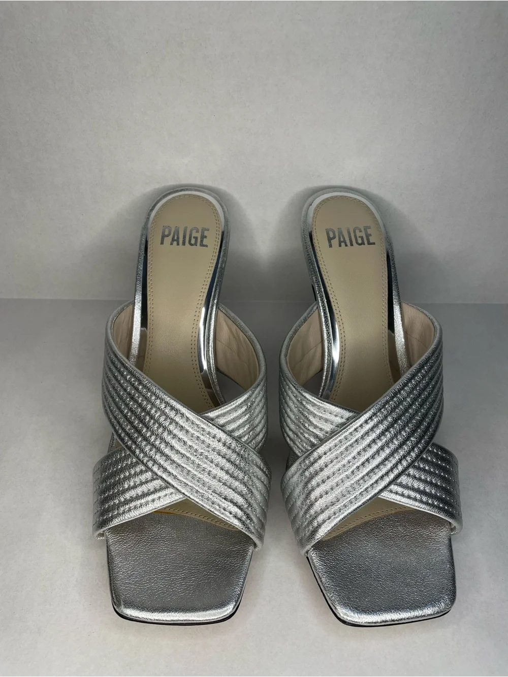 PAIGE Anthropology Leigh Metallic Silver Crisscross Open-Toed Heels